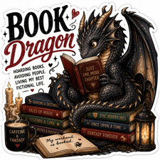 2X Book Dragon 4" Vinyl Sticker Funny Book Lover Reading Fantasy Dragon Bookish