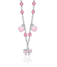 925 Sterling Silver Pink Crystals Heart Bow Chain Necklace