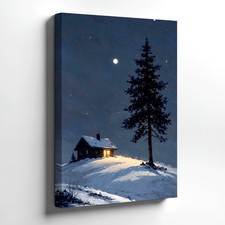 Wall Art Winter Cabin Snowy Hill Moonlit Night Pine Tree Landscape Print Decor