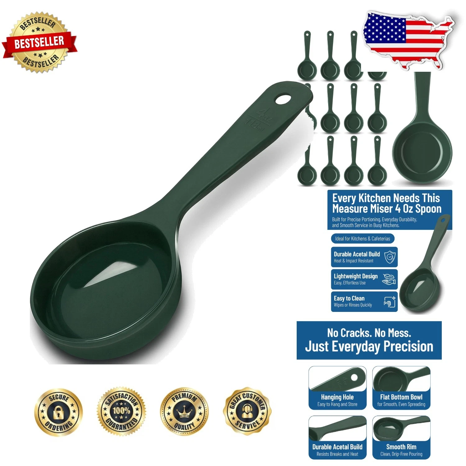 Measure Miser 4 Oz Green Spoons - Pack of 12, Durable Acetal, Heat Resistant