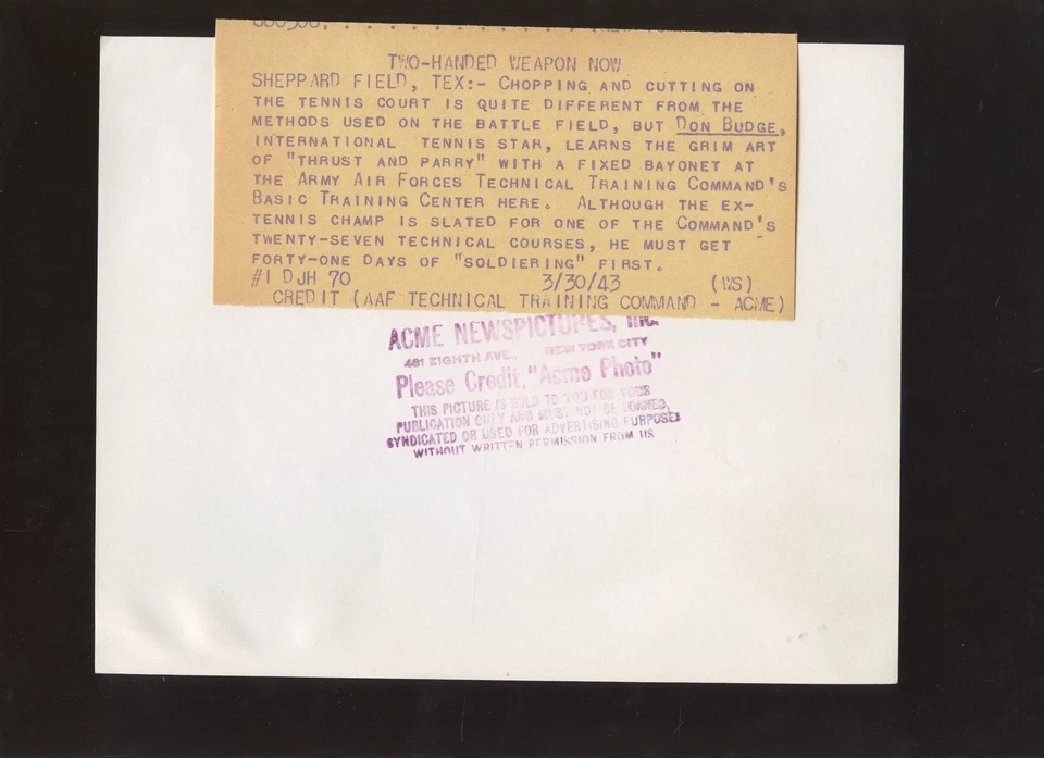 Original March 30 1943 Don Budge In Army Tennis Wire Photo - Image 2 of 2