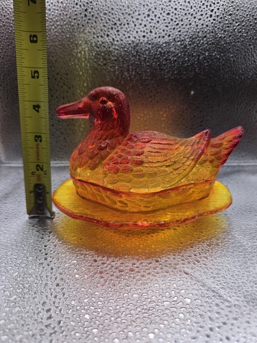 LE Smith Duck on Nest Cadmium Amberina UV Glow Covered Dish Candy Bowl Glass - Picture 13 of 14