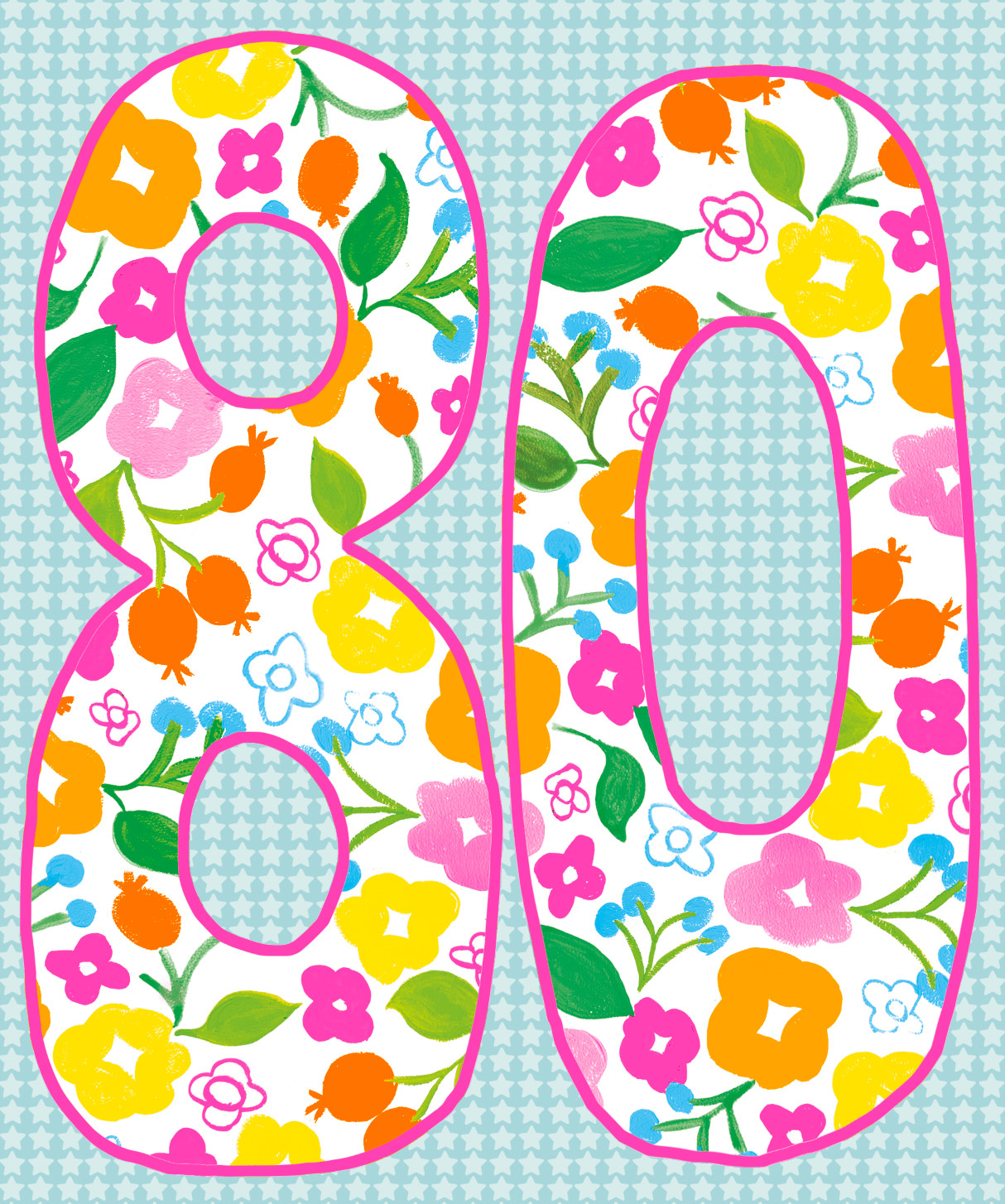 80th Birthday Card Eighty Eightieth Happy Floral – Bright Neon Greeting Card