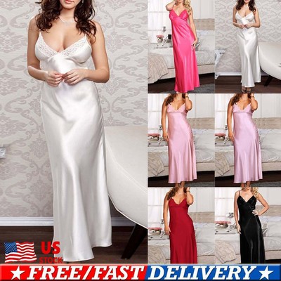 Womens Satin Lace Lingerie Nightgown Robe Nightdress Nightwear Chemise Pajamas