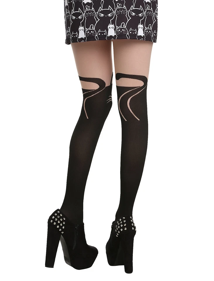 HOT TOPIC BLACK HEART SHEER OPAQUE CAT FACE FAUX THIGH HIGH TIGHTS O/S NWT - Image 3 of 3