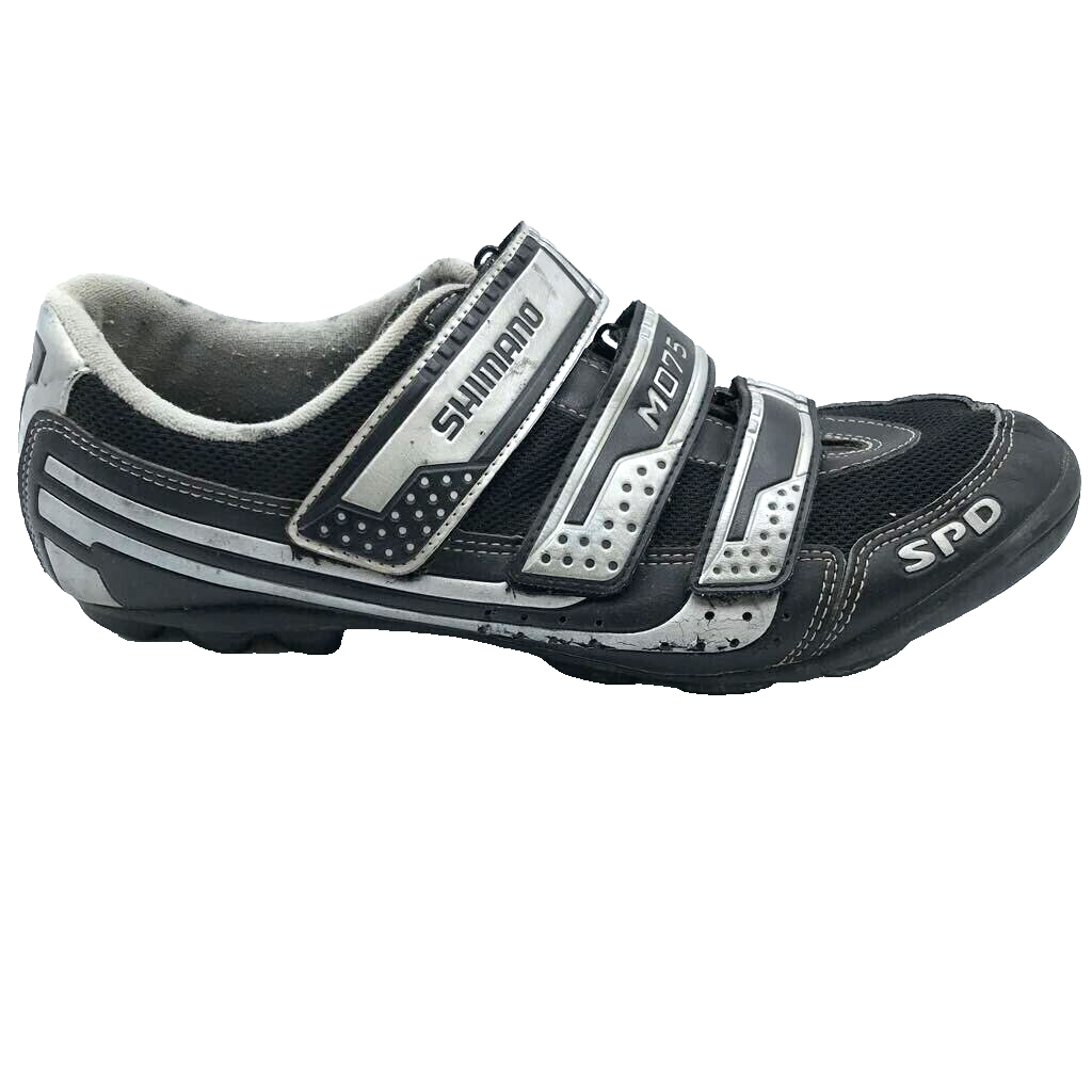 Shimano Mens SH-M075 Cycling Shoes Black Silver Leather Hook And