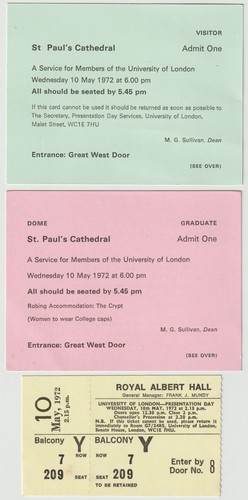 3x Tickets London University Presentation Day St Paul's & Royal Albert Hall 1972 - Foto 1 di 4