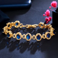 Blue CZ Stone Women Party Round Tennis Chain Link Bracelet Gold Plated Jewellery