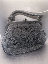 VINTAGE 1960S SOURE BAG NEW YORK BLACK HANDBAG WITH BEADS AND RIBBON TRIM NICE