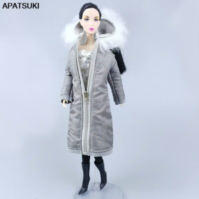Grey Winter Coat for Doll Outfits Hoodie Clothes Parka Boots