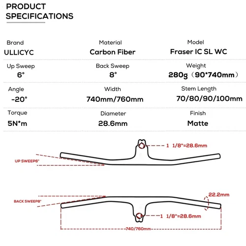 Full Carbon MTB Bicycle Integrated Cockpit Handlebar 740-780mm -20° UD Matte - Picture 4 of 48