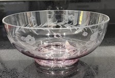 Vintage Pink Etched Glass Bowl – Floral Engraved Glass Footed Dish