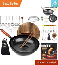 14-Piece Carbon Steel Wok Set with Wooden Lid - Induction Compatible, 12.6"