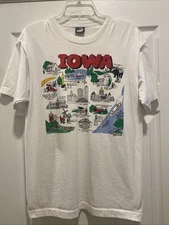 Vintage 1990 IOWA  Tourist Map T Shirt Souvenir USA XLarge Screen Stars Best