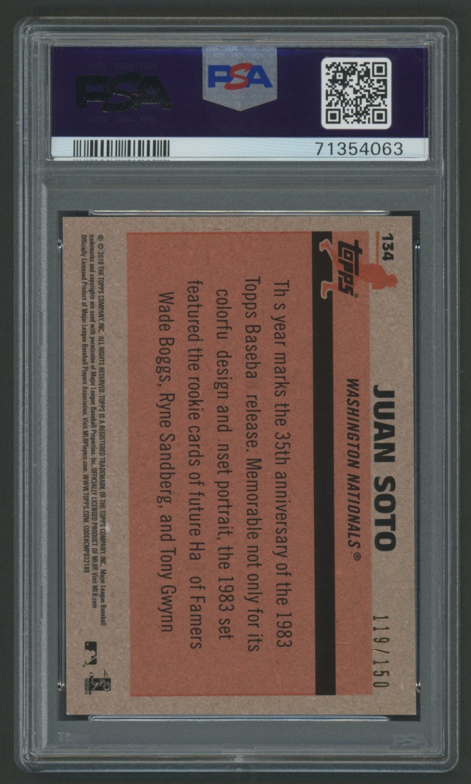 2018 Topps Silver Pack BLUE REFRACTOR Juan Soto Rookie PSA 9 MINT 134 RC /150 view 2