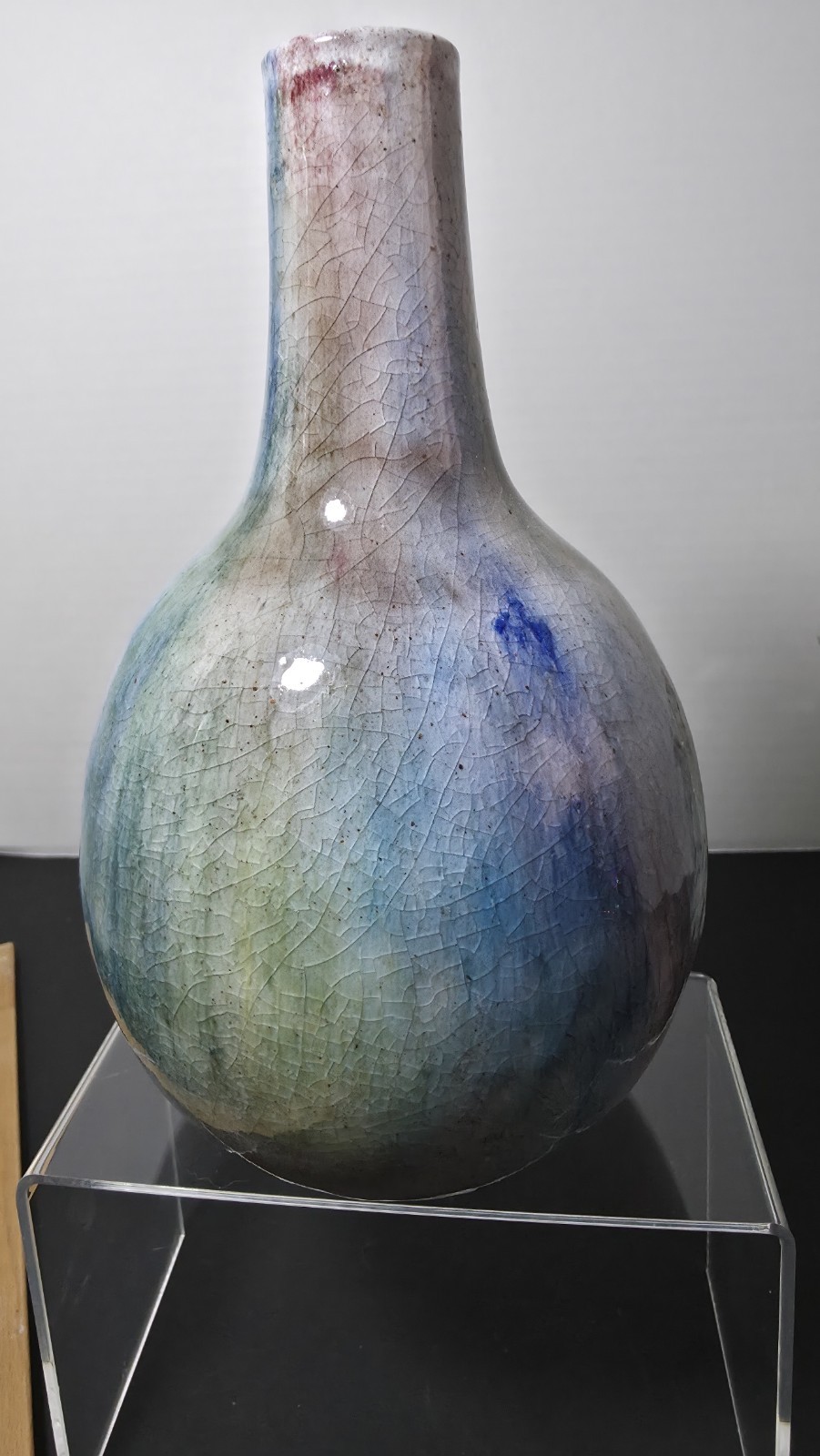 Vintage Pottery Blue Green Pink Crackle Finish Unmarked Glossy Glaze Drip Vase
