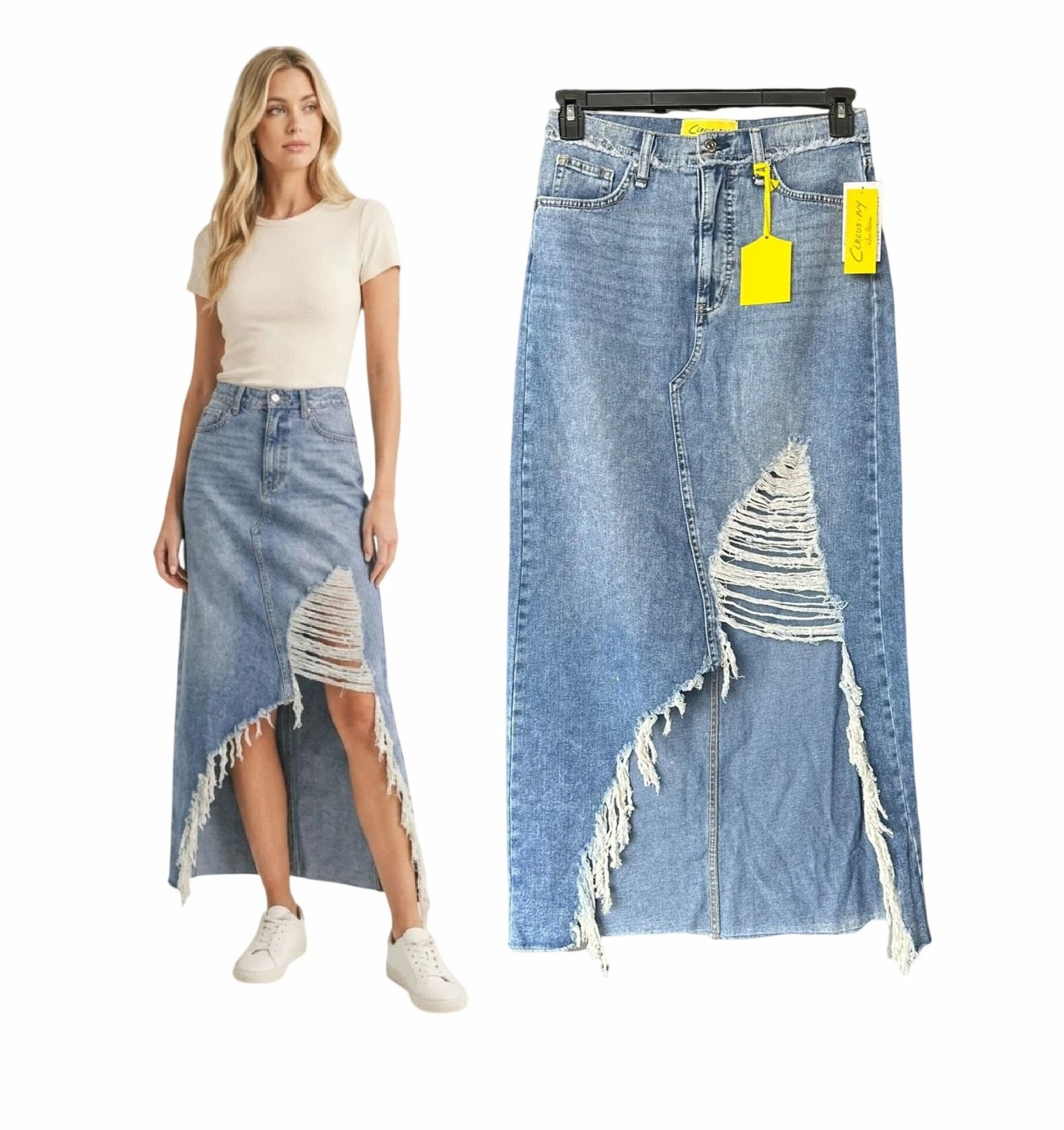 ⭐Sam Edelman Womens Maxi Skirt Size 27 Deconstructed Denim Jean Skirt Blue Boho