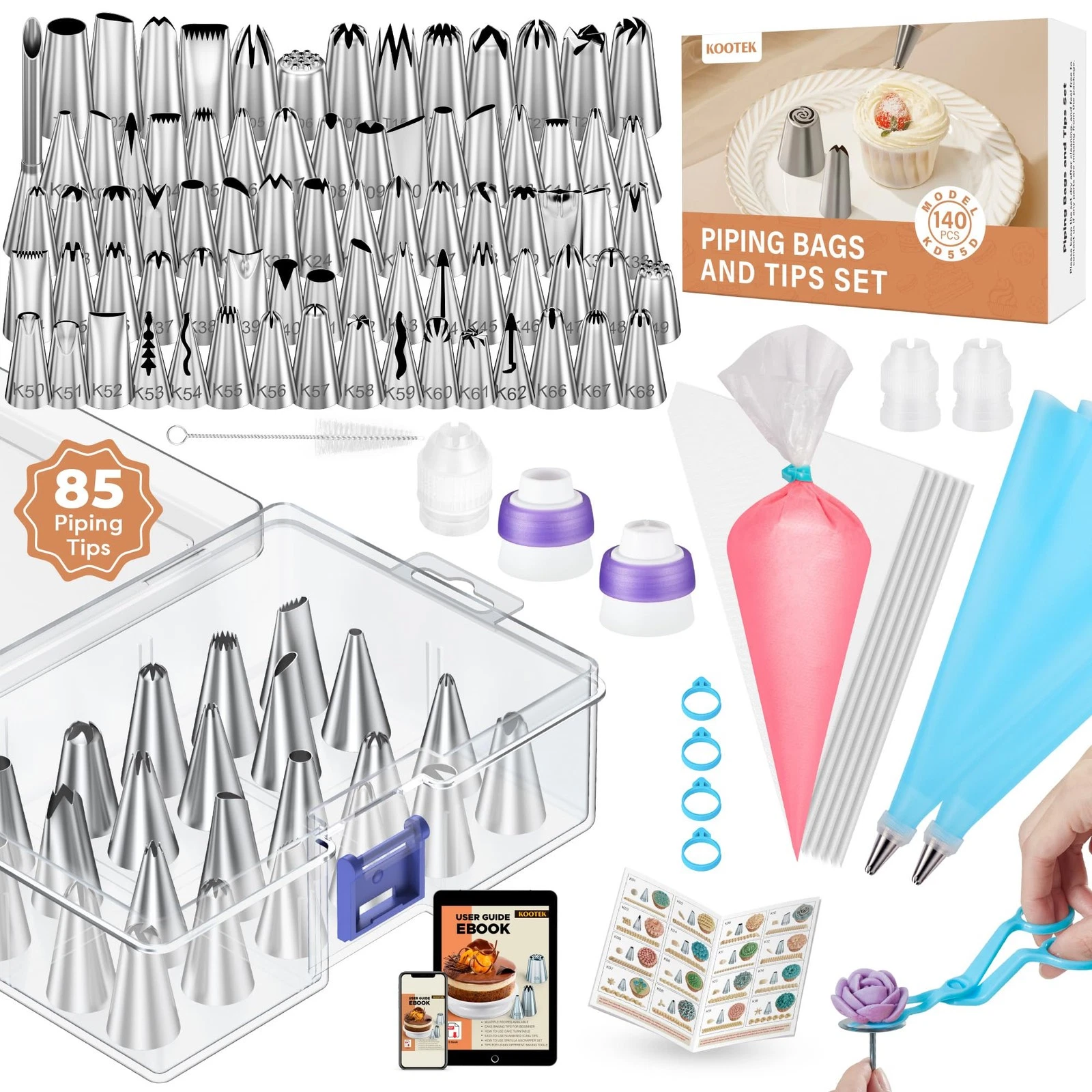 140Pcs Icing Piping Bags and Tips Set, Frosting Piping Kit with 78 Numbered I...