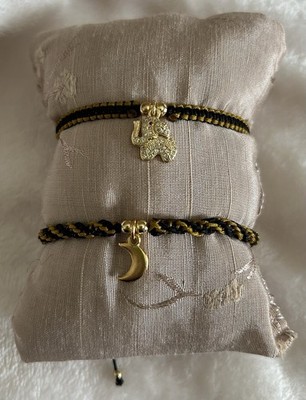 Handcrafted Black Gold Braided Charm Bracelet Elephant Moon Dangle Adjustable T 
