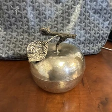 Vintage 800 Silver Apple Bowl w Branch Leaf Handle Continental Mid Century
