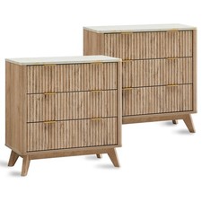 32" Tall Fluted Nightstand Set of 2 Modern Side Table with Faux Marble Top