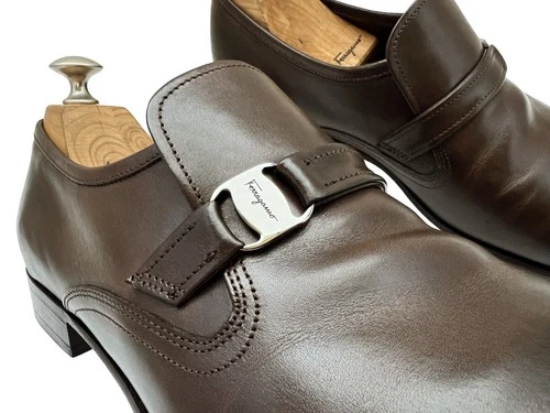 $995 Salvatore Ferragamo Mens NOBLESSE Silver Logo Bit Brown Loafers Shoes 8.5 D