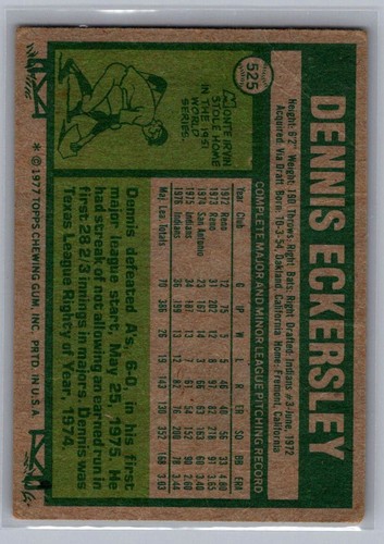 1977 Topps #525 Dennis Eckersley - Foto 2 di 2