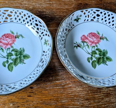 2xForm Marienbad Ingres Durchbruchschale weiss Rosenmuster Goldrand D. ca. 19 cm