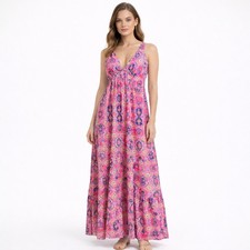 Maaji  Summer Maxi Dress Womens Small Printed Pink Cover Up Tiered