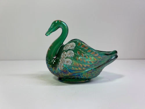 Fenton Art Glass Green Swan - The Museum Collection 2001 - Signed by D. Mallery