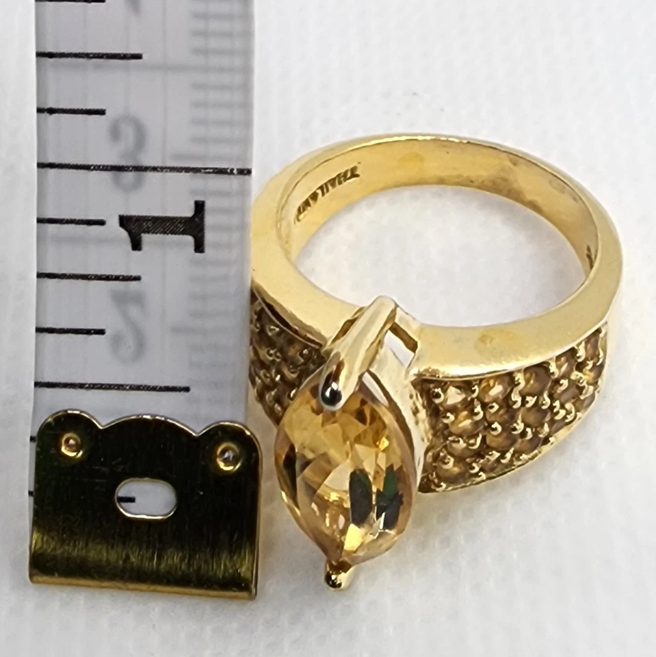 Anillo Marqués Citrino Piedras Laterales Vermeil Plata de Ley Declaración Amarillo Foto 3 de 4