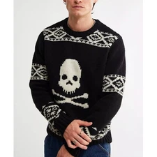NEW Schott Bros American Skull Fair Isle Wool Knit Sweater Black Mens XL