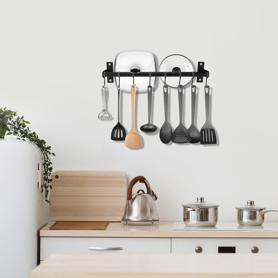 Pot Rack Rail RealPlus Kitchen Rail with 8 Sliding Hooks Hanging Pot Rack 15.8 Inch ...