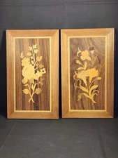Vintage set of 2 floral marquetry wood inlay 10x6" pictures plaques