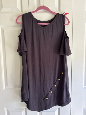 Ladies Dark Gray Long Cold Shoulder V-neck Tunic XXXL Button Embellishments