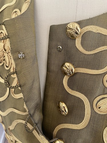 Women’s Silk Jacket Olive Green All Over Gold Soutache & Faux Gold Buttons L/XL - Picture 7 of 8