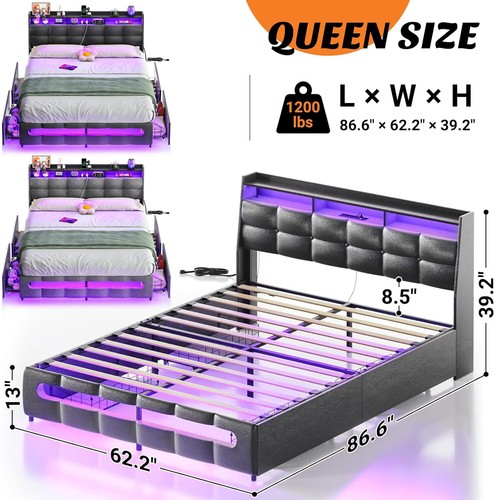 Bed Frame with Upholstered Headboard & 4 Drawers & LED Lights & Charging Station - Picture 10 of 12