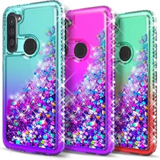 For Samsung Galaxy A11 A21 Case Phone Cover Liquid Glitter+Tempered Glass Screen