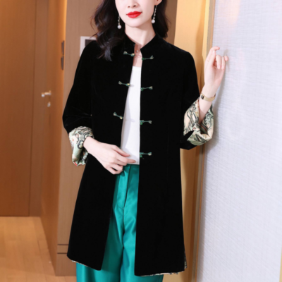 Ethnic Women Velvet Jacket Midi Frog Button Cheongsam Tang Suit