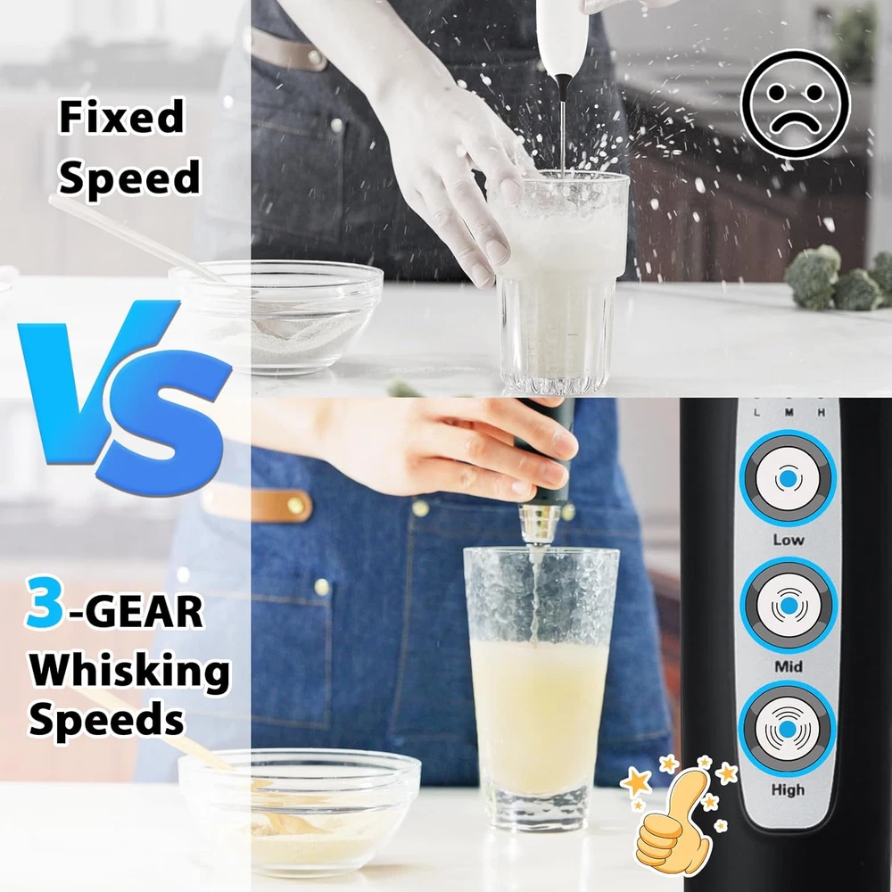 Milk Frother with Stand Rechargeable-Handheld Coffee Frother with 3 Stainless Wh