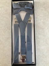 Y Back Suspenders With Neck Bow Tie Dust Blue Mens Unisex 43” Adjustable NEW 