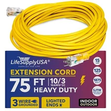 10/3 300V SJTW Lighted 15A Extension Cord - Lengths: 3 6 10 25 50 75 100 200 Ft