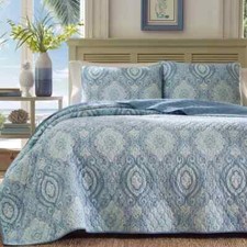 Tommy Bahama KING TurtleCove Medallion 100 Cotton Quilt Set Bedding Harbor Blue