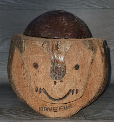 Vintage Philippinen geschnitzte Kokosnuss Affe Tiki Bar Getränk Tasse Hawaii Souvenir