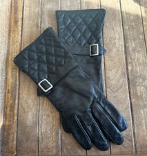 Black 100 Genuine Leather Quilted Long Gloves W Pewter Buckle  Knit Lining