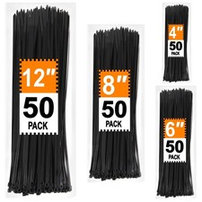 Zip Ties Assorted Sizes 4 6 8 12 Inch, 200 Pack, Black Cable Ties, UV Resistant