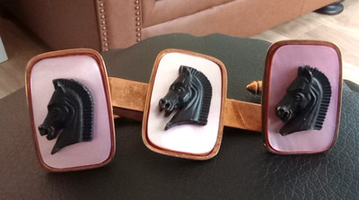 Pioneer cufflinks and tie bar, MOP with black stallion head gold tone, rare