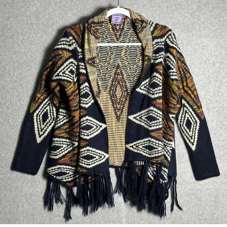 Michelle Nicole Talla M Mezcla de Lana Flecos Manta Azteca Cárdigan Suéter Suroeste Foto 3 de 4