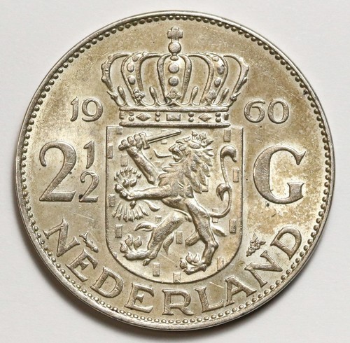 1960 Netherlands 2 1/2 Gulden Silver Coin - RAW - Toned / Nice Coin