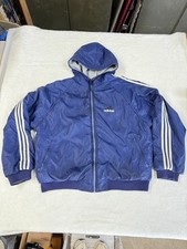 Vintage 90s Adidas Reversible Hooded Jacket Men L Blue Gray 3 Stripes Nylon